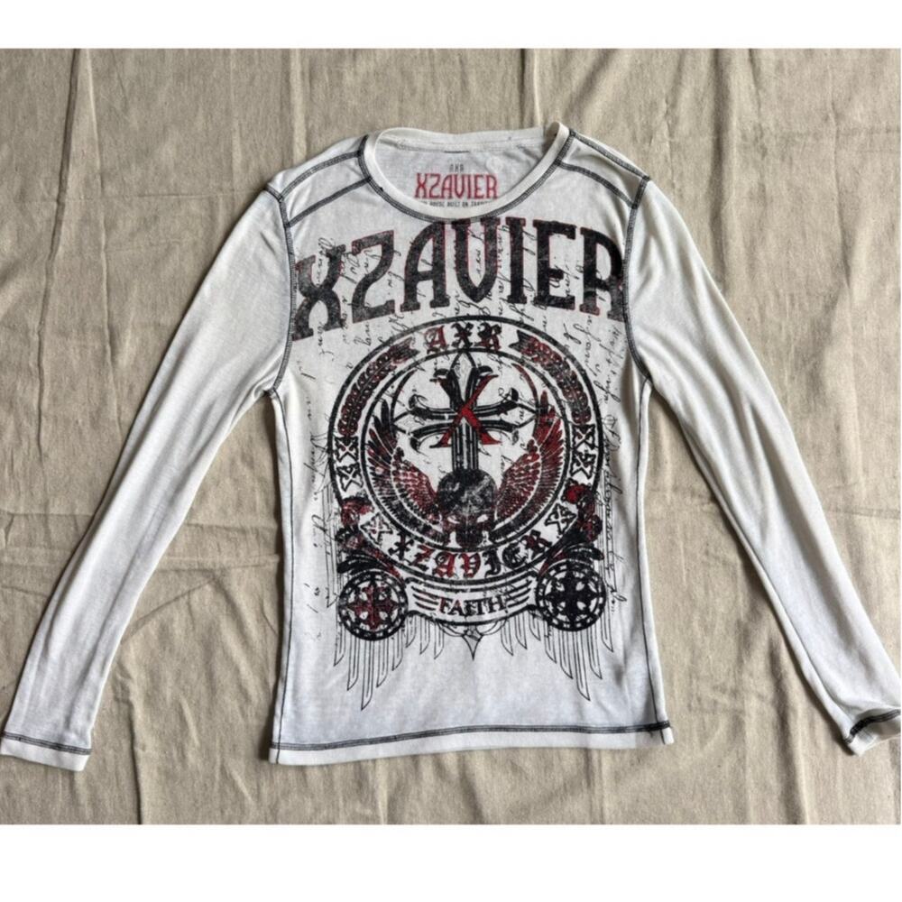 Vintage Xzavier Limited Y2K Graphic Thermal Shirt White Men's S Cross Wings L/S